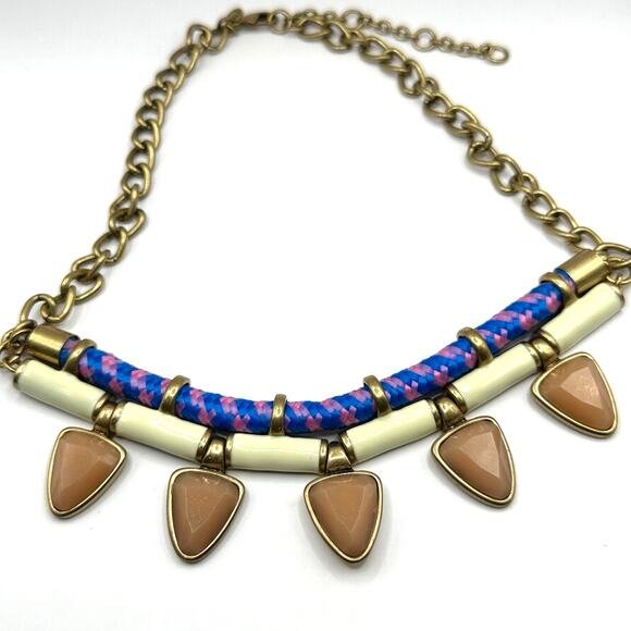 J Crew Necklace  Aztec Enameled Lucite Pink Blue Cream Bib Statement - Picture 1 of 8